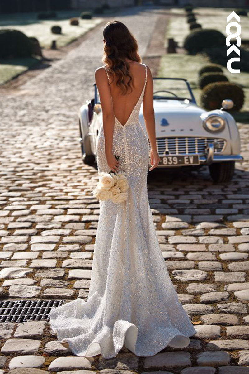 K1589 - Low V-Neck Spaghetti Straps Sequins Sheath Long Wedding Dress