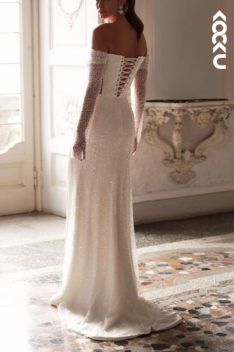 K1591 - Off-Shoulder Long Sleeves Ruched Sequins Sheath Long Wedding Dress