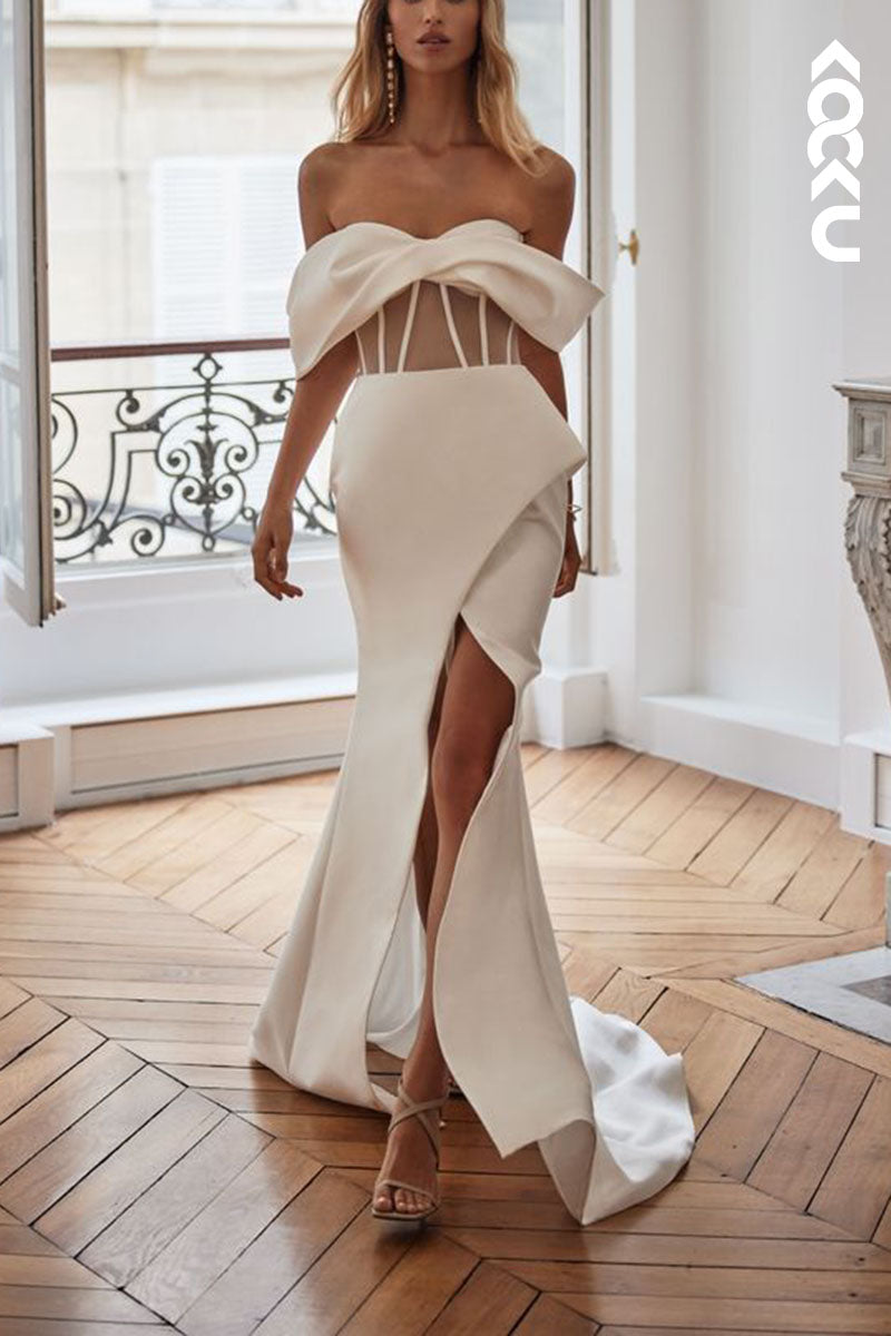 K1592 - Off-Shoulder Strapless Sheer Tulle Satin Sheath Long Wedding Dress