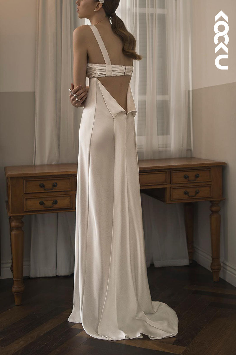 K1595 - V-Neck Sleeveless Cut Outs Ruched Satin Sheath Long Wedding Dress