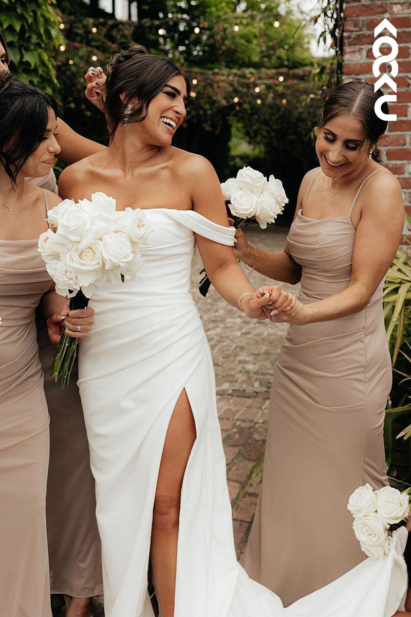 K1597 - Off-Shoulder Sleeveless Ruched Satin Sheath Long Wedding Dress With Slit