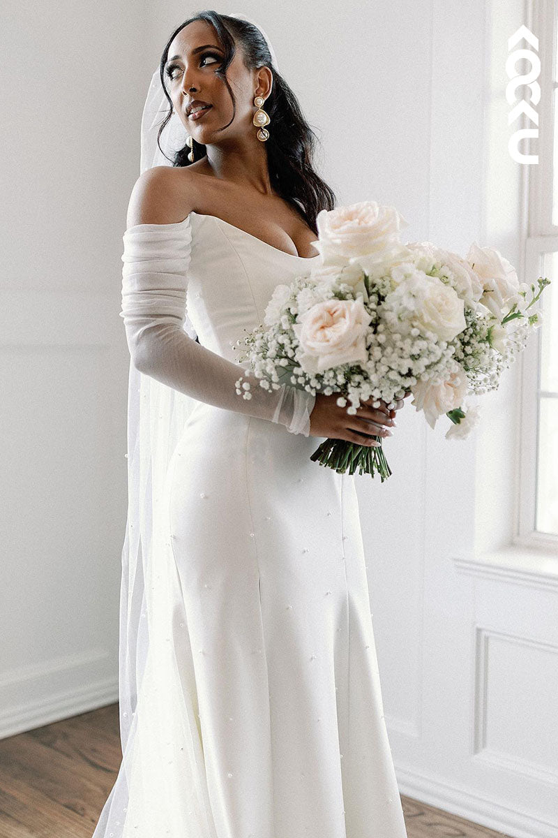 K1599 - Off-Shoulder Long Sleeves Beaded Tulle Satin Sheath Long Wedding Dress