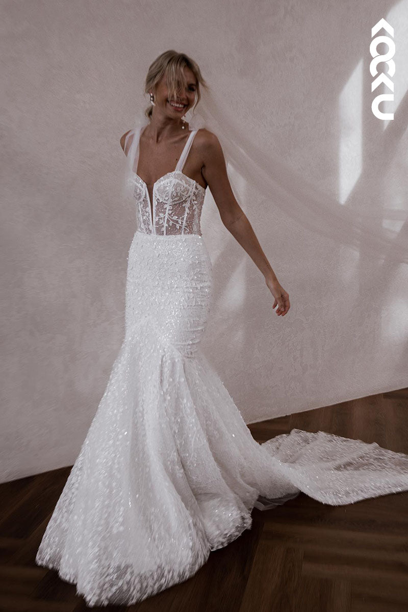 K1600 - Low V-Neck Sequined Appliqued Sheer Tulle Mermaid Long Wedding Dress