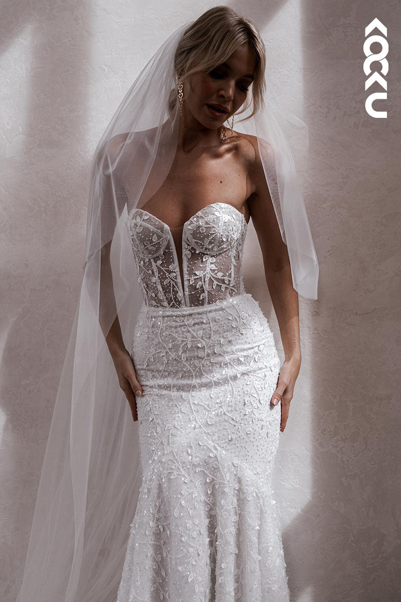 K1600 - Low V-Neck Sequined Appliqued Sheer Tulle Mermaid Long Wedding Dress