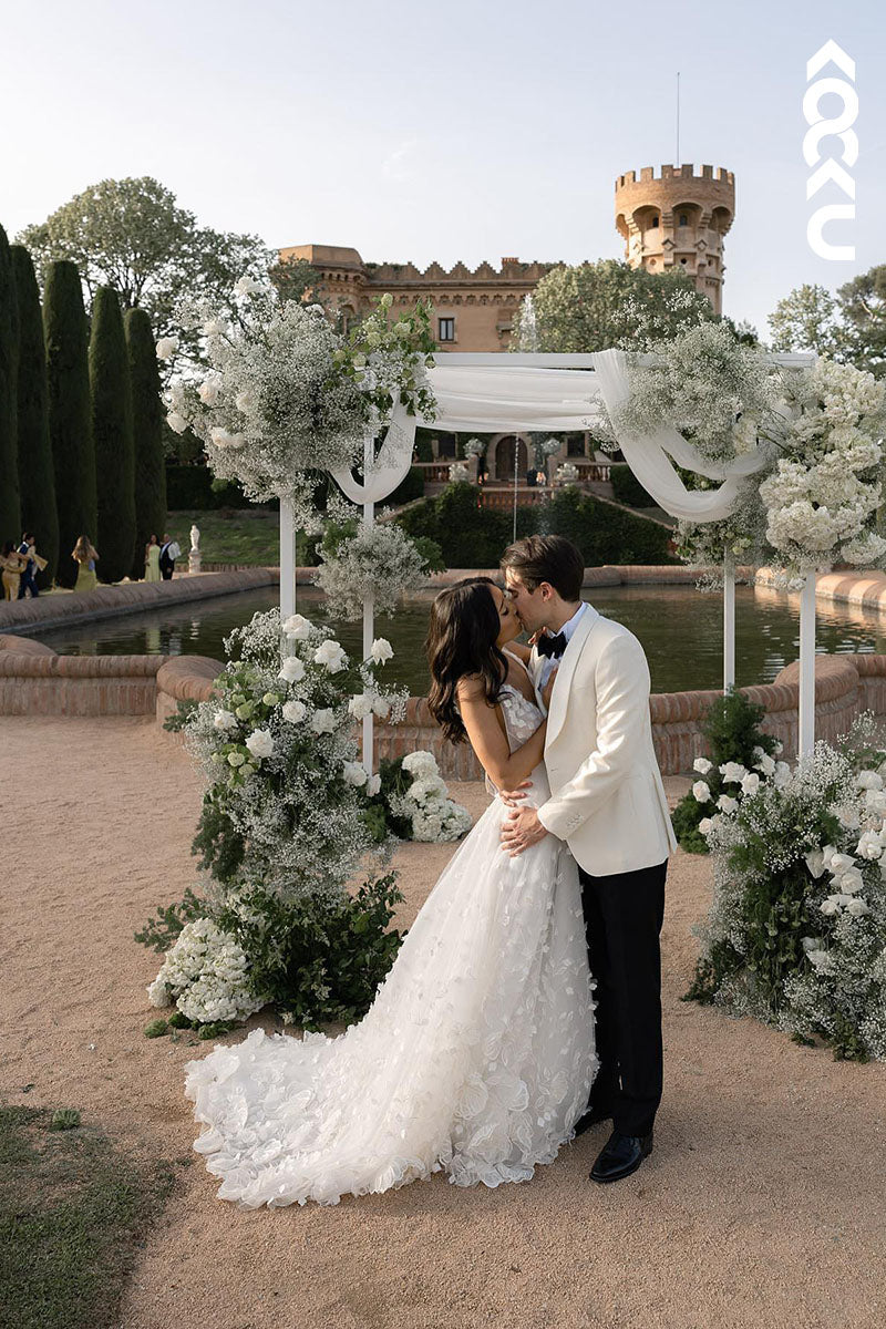 K1602 - V-Neck Sleeveless Appliqued Sheer Tulle A-Line Long Wedding Dress