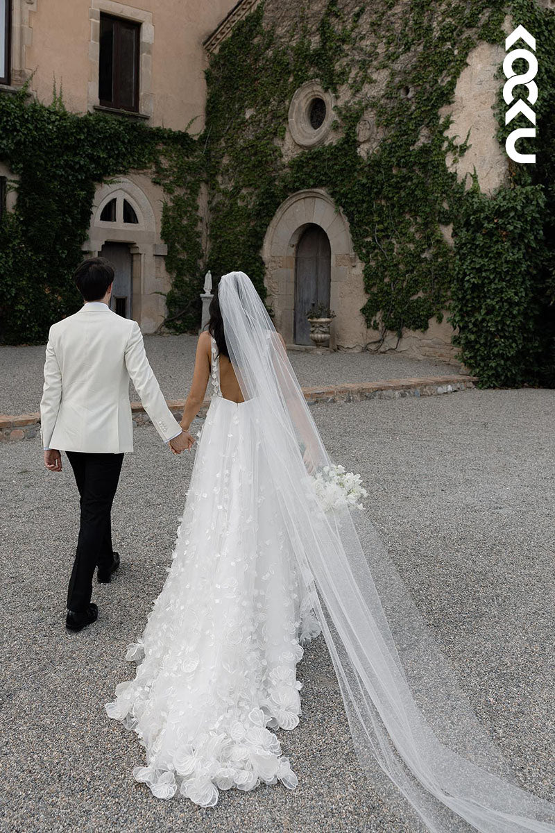 K1602 - V-Neck Sleeveless Appliqued Sheer Tulle A-Line Long Wedding Dress