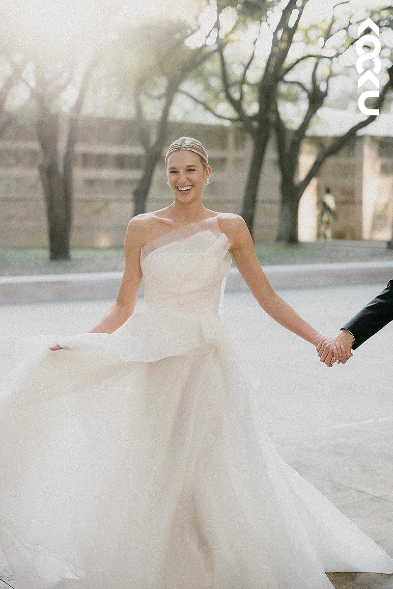 K1605 - Strapless Sleeveless Ruched Tulle Satin A-Line Long Wedding Dress