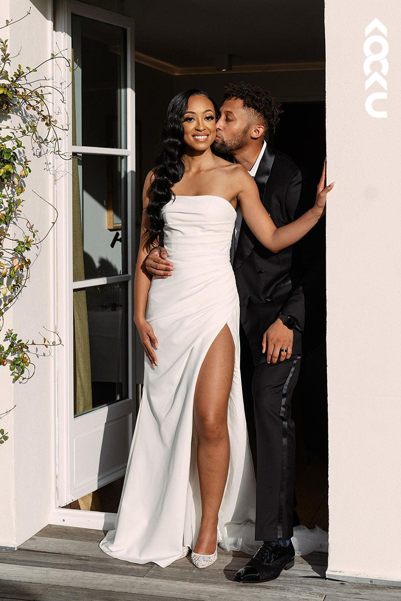 K1611 - Strapless Sleeveless Ruched Satin Sheath Long Wedding Dress With Slit