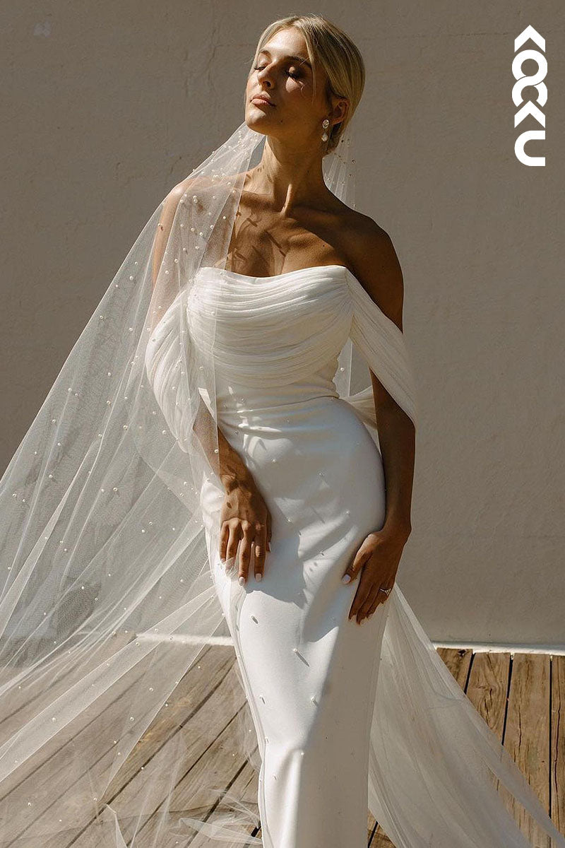 K1618 - Off-Shoulder Sleeveless Ruched Tulle Satin Sheath Long Wedding Dress