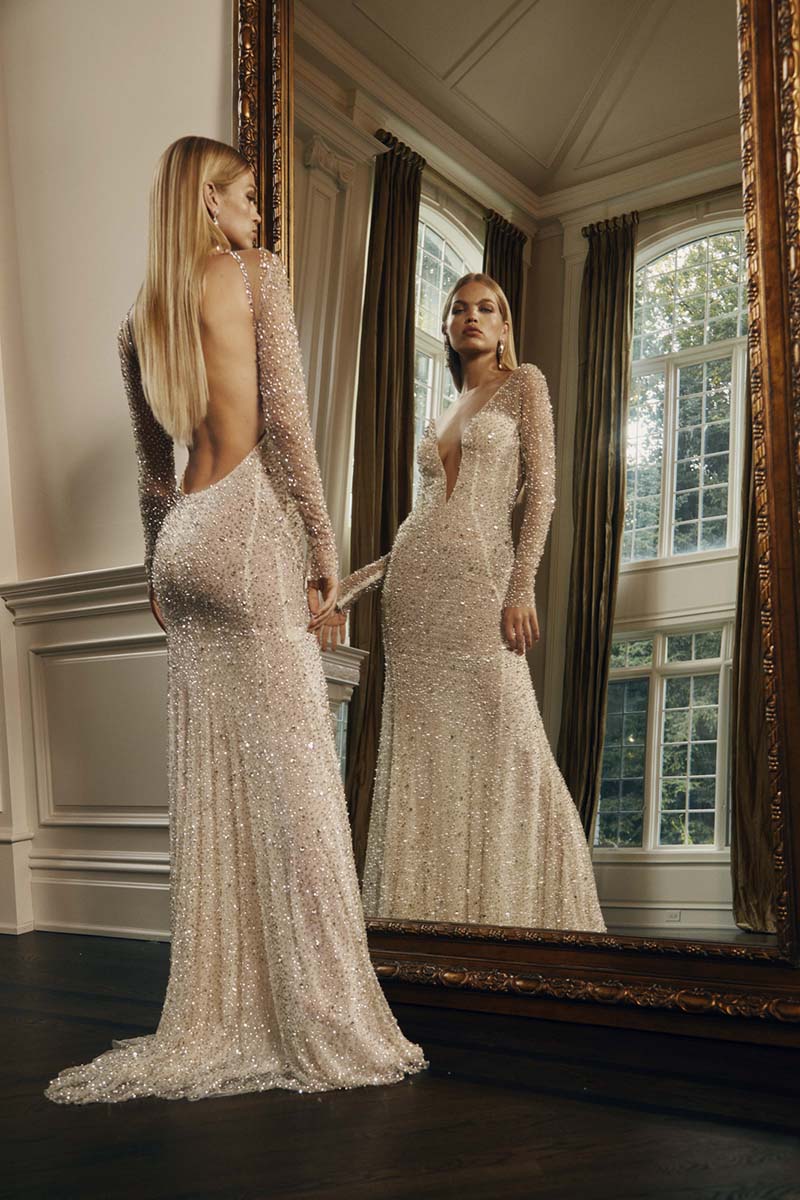 K1621 - Low V-Neck Long Sleeves Beaded Sequined Sheath Long Wedding Dress