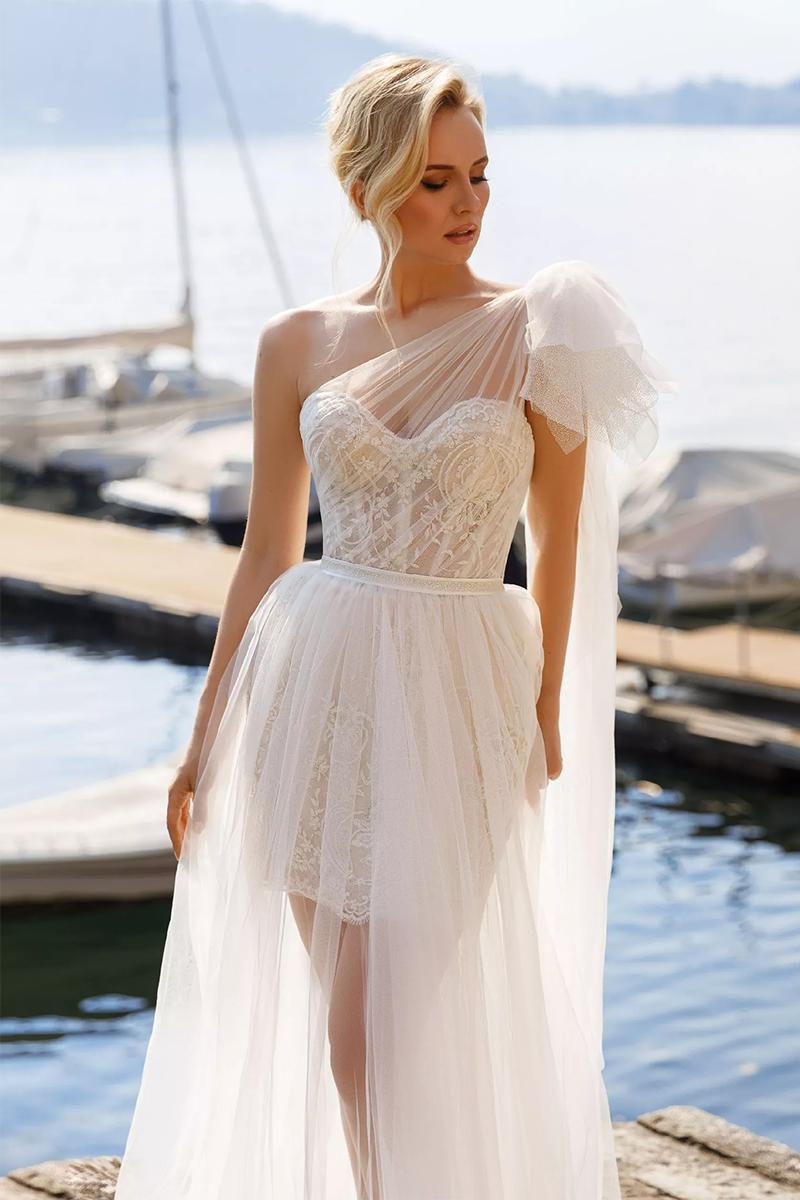 K1627 - One Shoulder Lace Ruched Sheer Tulle A-Line Long Wedding Dress