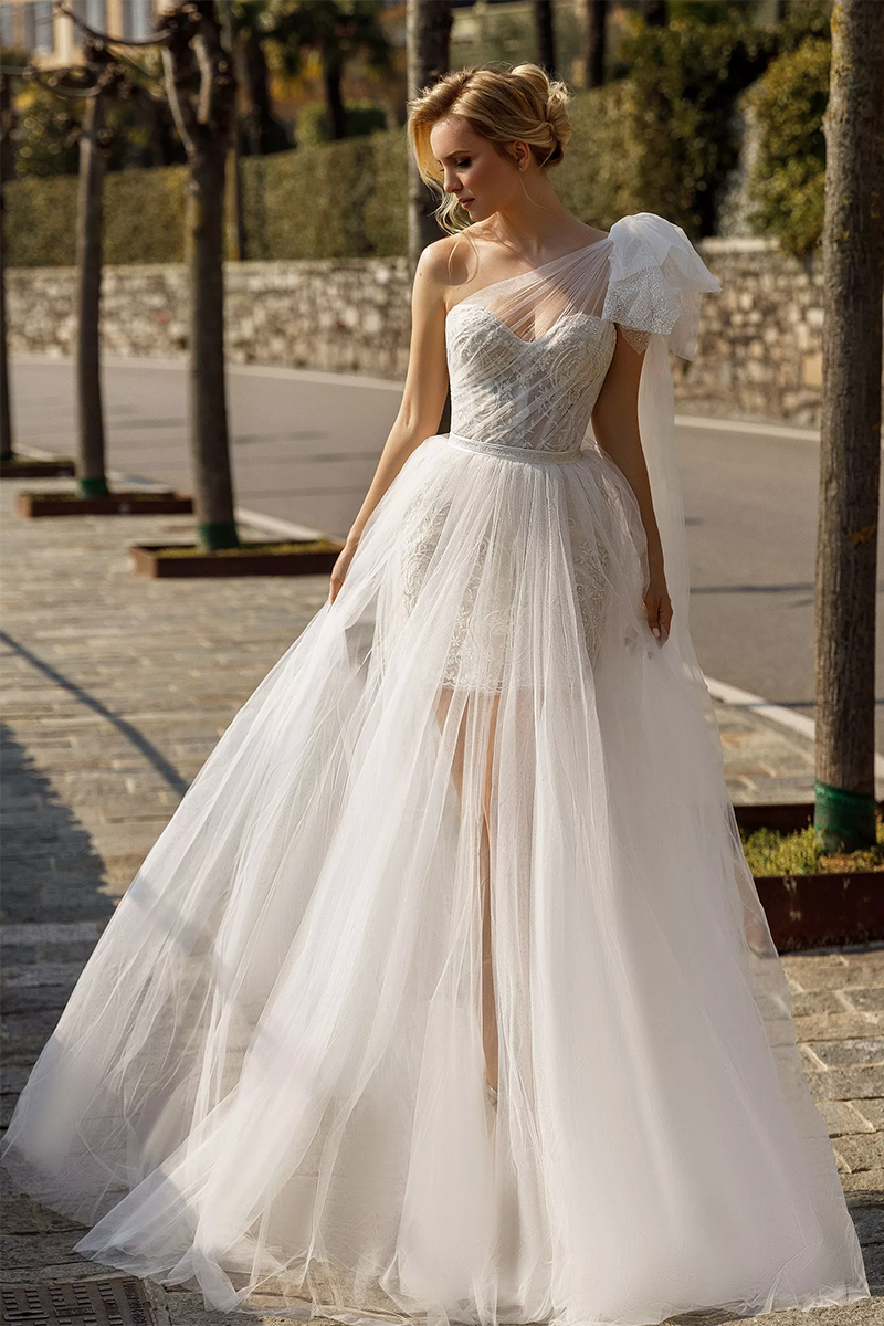 K1627 - One Shoulder Lace Ruched Sheer Tulle A-Line Long Wedding Dress