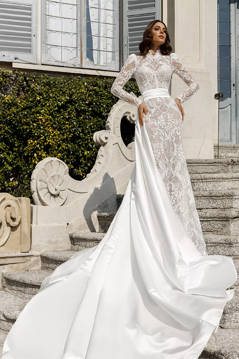 K1634 - High Neck Long Sleeves Sheer Lace Satin Sheath Long Wedding Dress