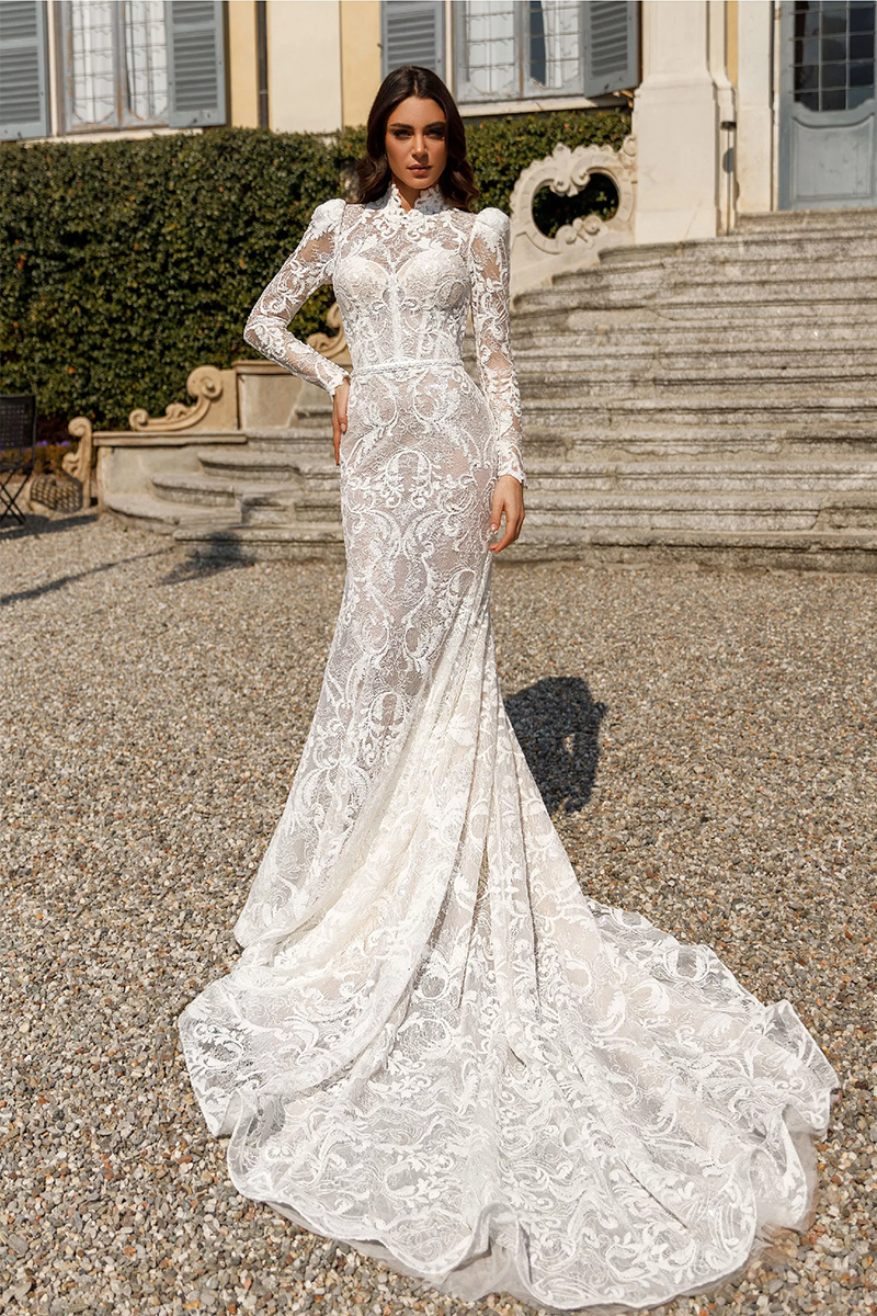 K1634 - High Neck Long Sleeves Sheer Lace Satin Sheath Long Wedding Dress