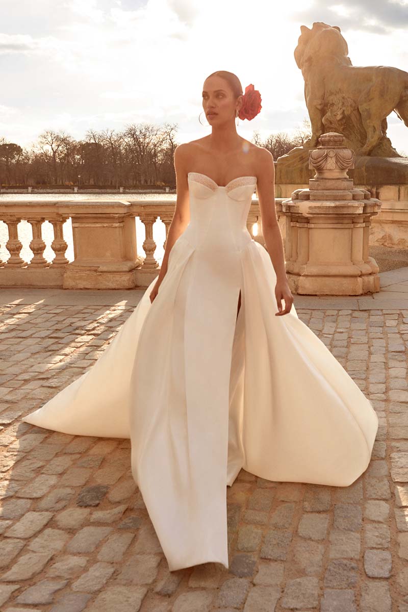 K1636 - Sweetheart Strapless Beaded Satin A-Line Long Wedding Dress With Slit