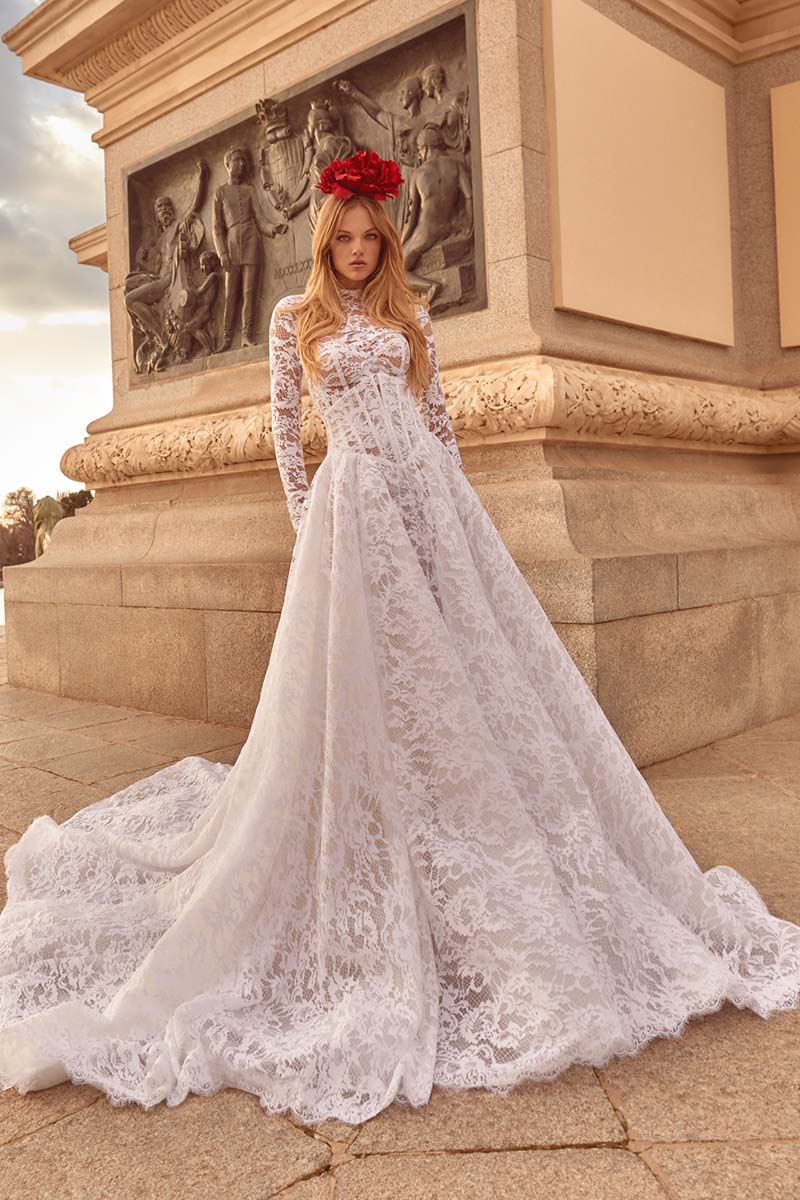 K1637 - Three Piece High Neck Long Sleeves Sheer Lace A-Line Long Wedding Dress