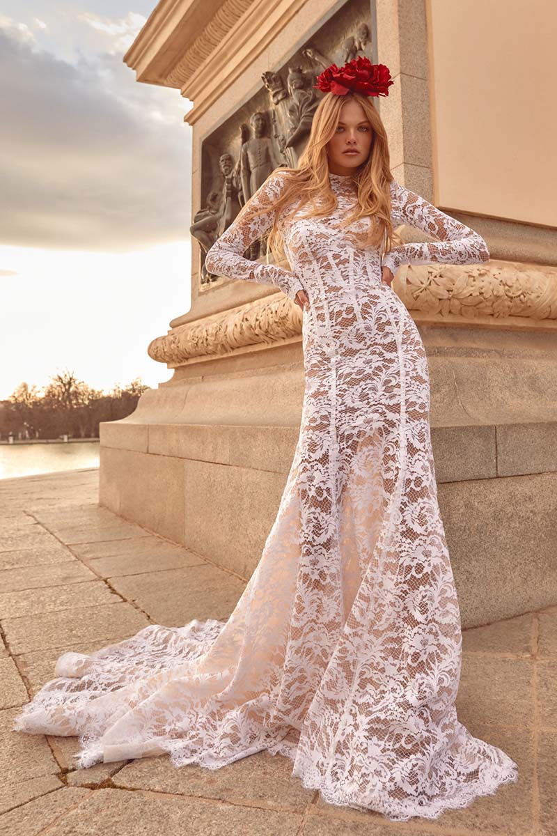 K1637 - Three Piece High Neck Long Sleeves Sheer Lace A-Line Long Wedding Dress