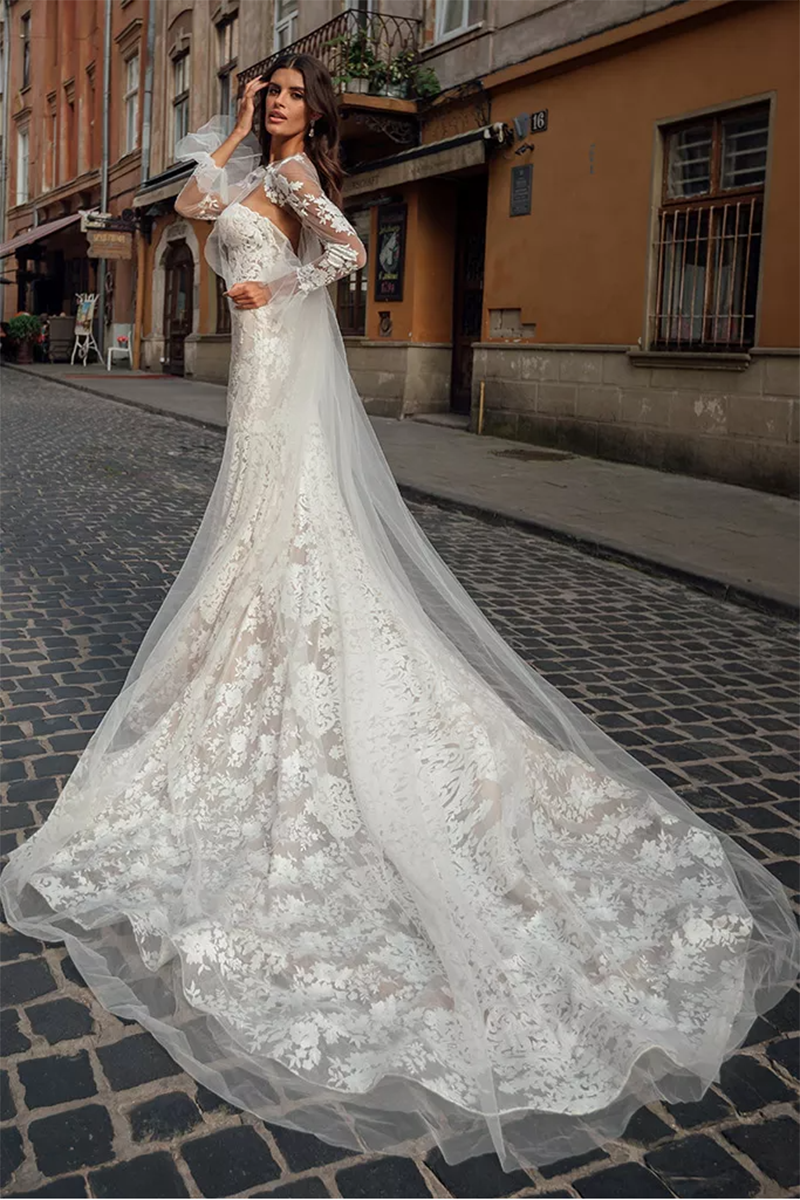 K1641 - Two Piece Sweetheart Long Sleeves Lace Mermaid Long Wedding Dress