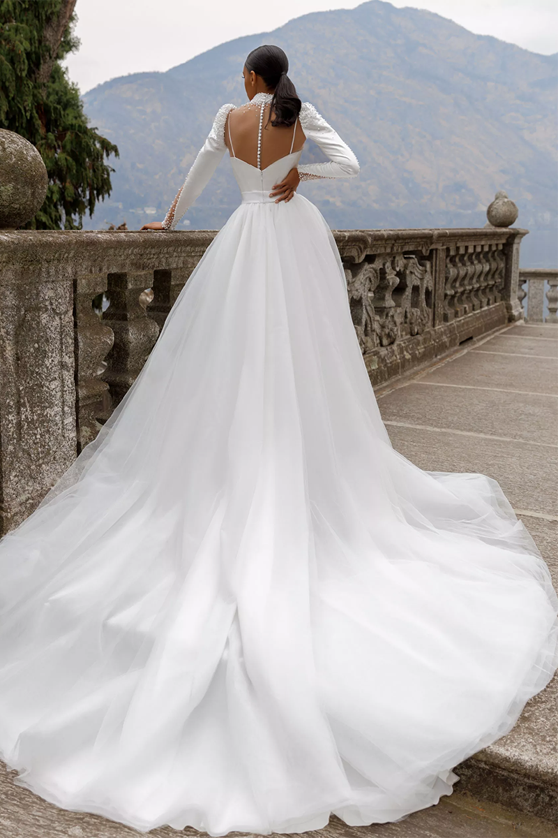 K1642 - Two Piece Sweetheart Long Sleeves Beaded Satin Tulle Ball Wedding Gown