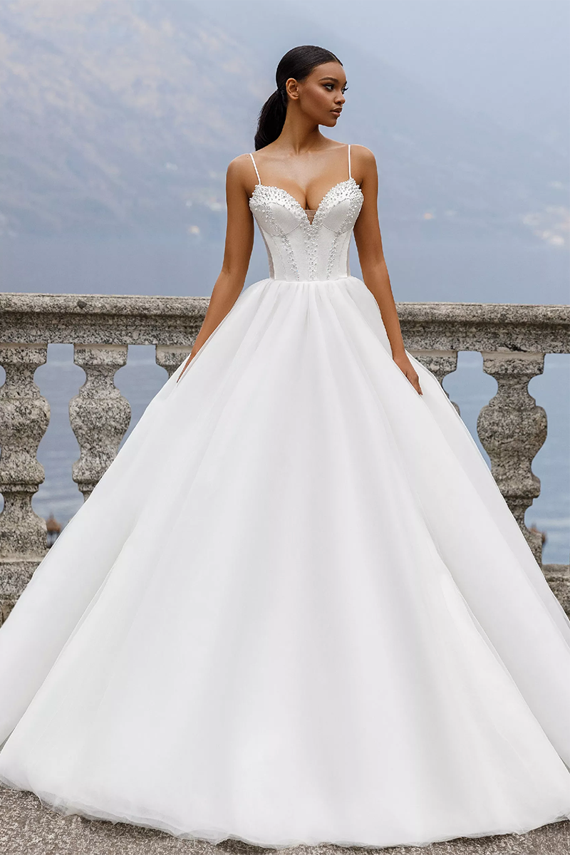 K1642 - Two Piece Sweetheart Long Sleeves Beaded Satin Tulle Ball Wedding Gown