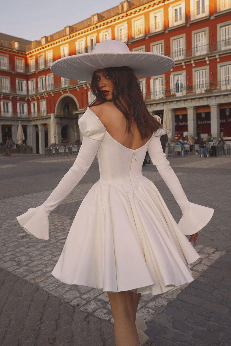 K1646 - Off-Shoulder Long Sleeves Pleated Satin A-Line Short Wedding Dress