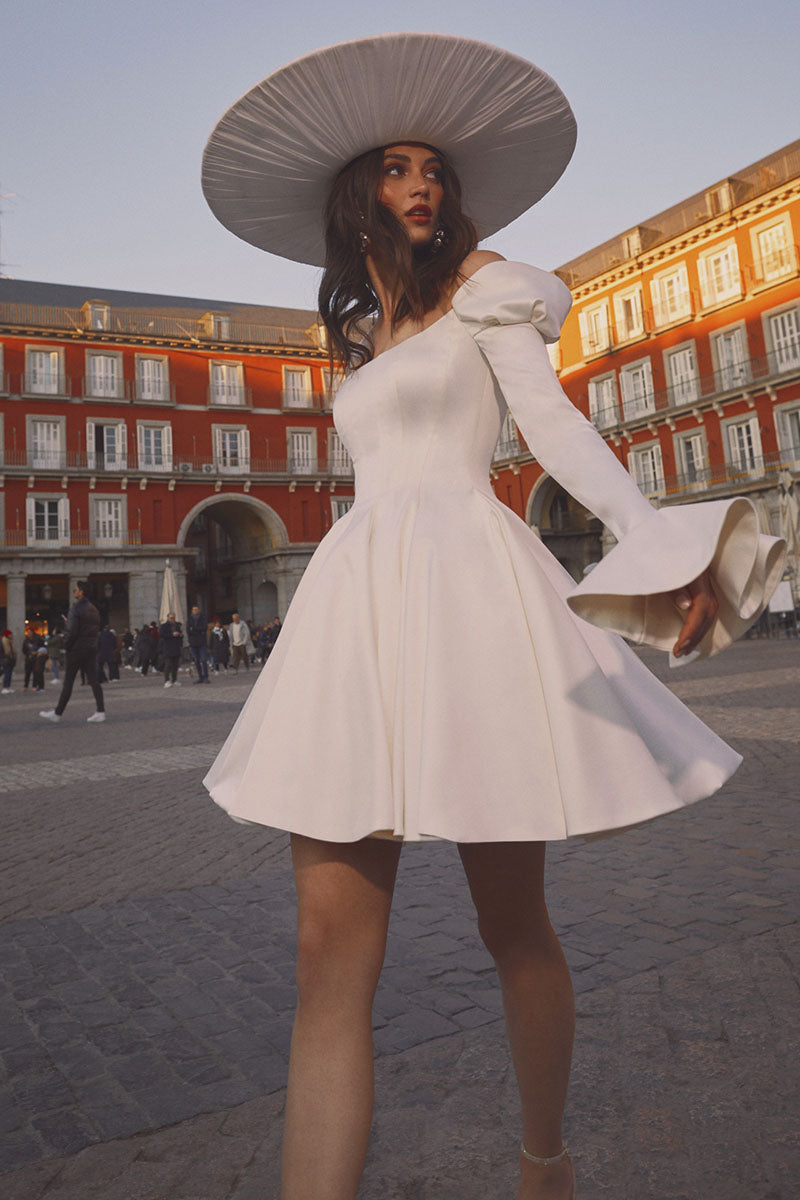 K1646 - Off-Shoulder Long Sleeves Pleated Satin A-Line Short Wedding Dress