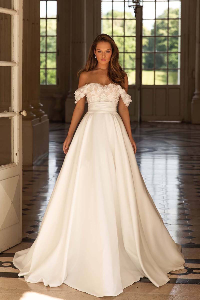 K1648 - Off-Shoulder Sleeveless Appliqued Ruched Tulle Satin Ball Wedding Gown