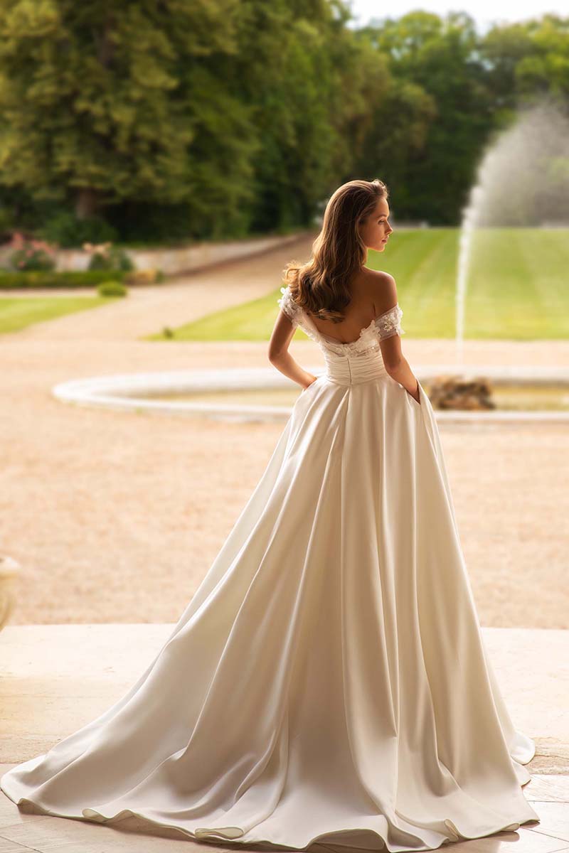 K1648 - Off-Shoulder Sleeveless Appliqued Ruched Tulle Satin Ball Wedding Gown