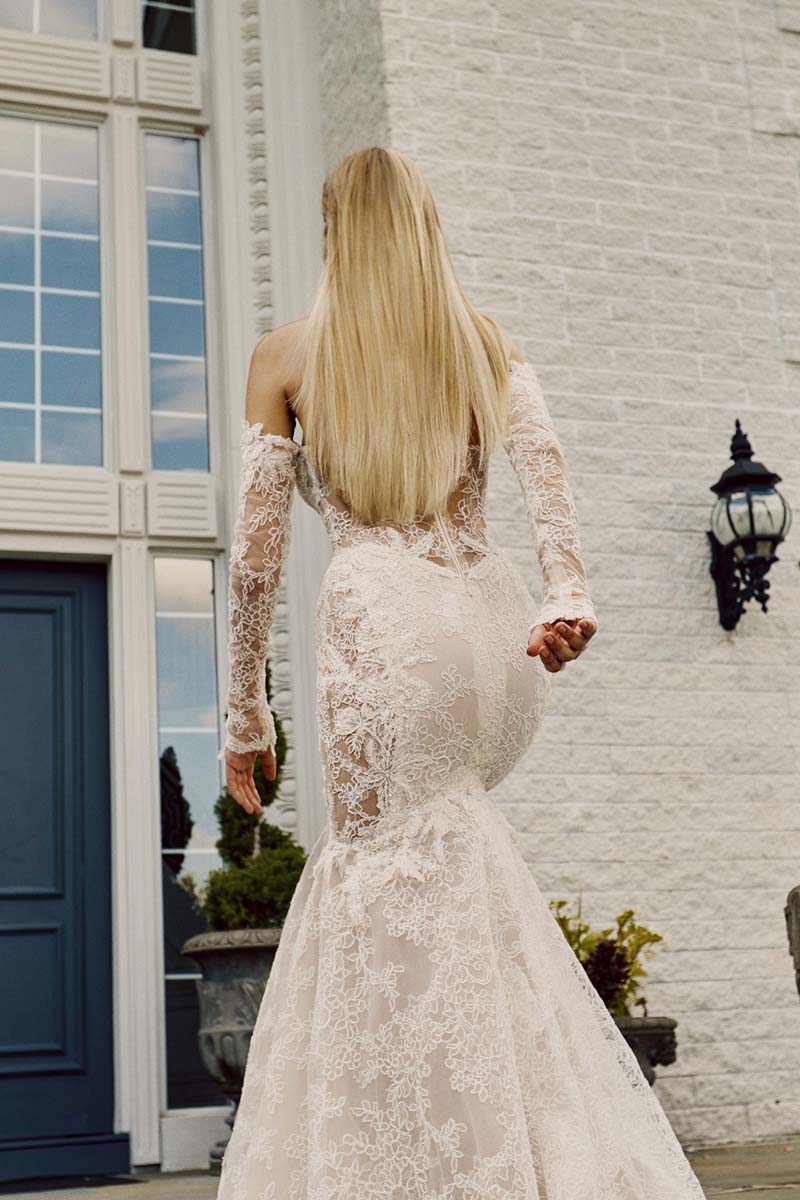 K1650 - Strapless Long Sleeves Sheer Lace Mermaid Wedding Dress With Sweep Train