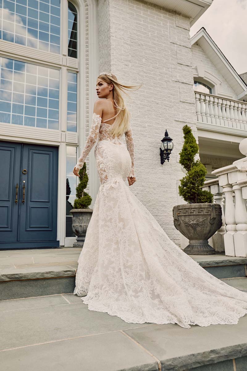 K1650 - Strapless Long Sleeves Sheer Lace Mermaid Wedding Dress With Sweep Train