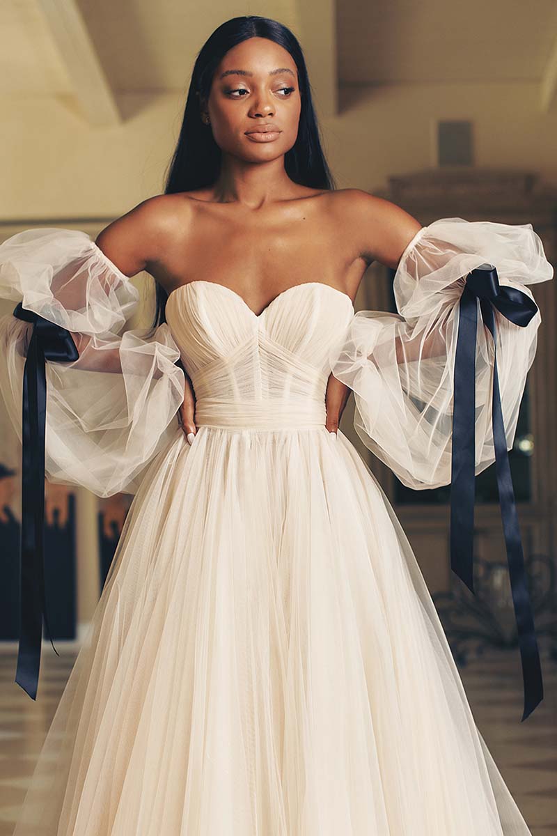 K1651 - Sweetheart Off-Shoulder Logn Sleeves Ruched Tulle A-Line Long Wedding Dress