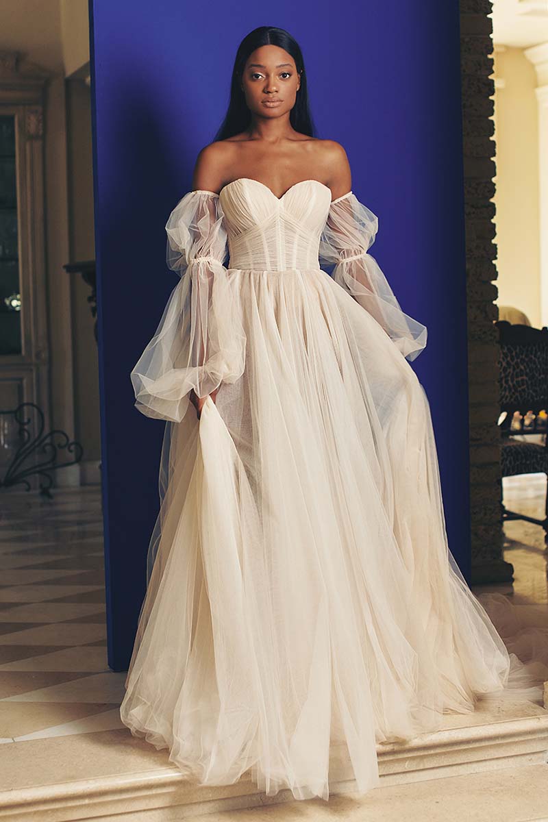 K1651 - Sweetheart Off-Shoulder Logn Sleeves Ruched Tulle A-Line Long Wedding Dress