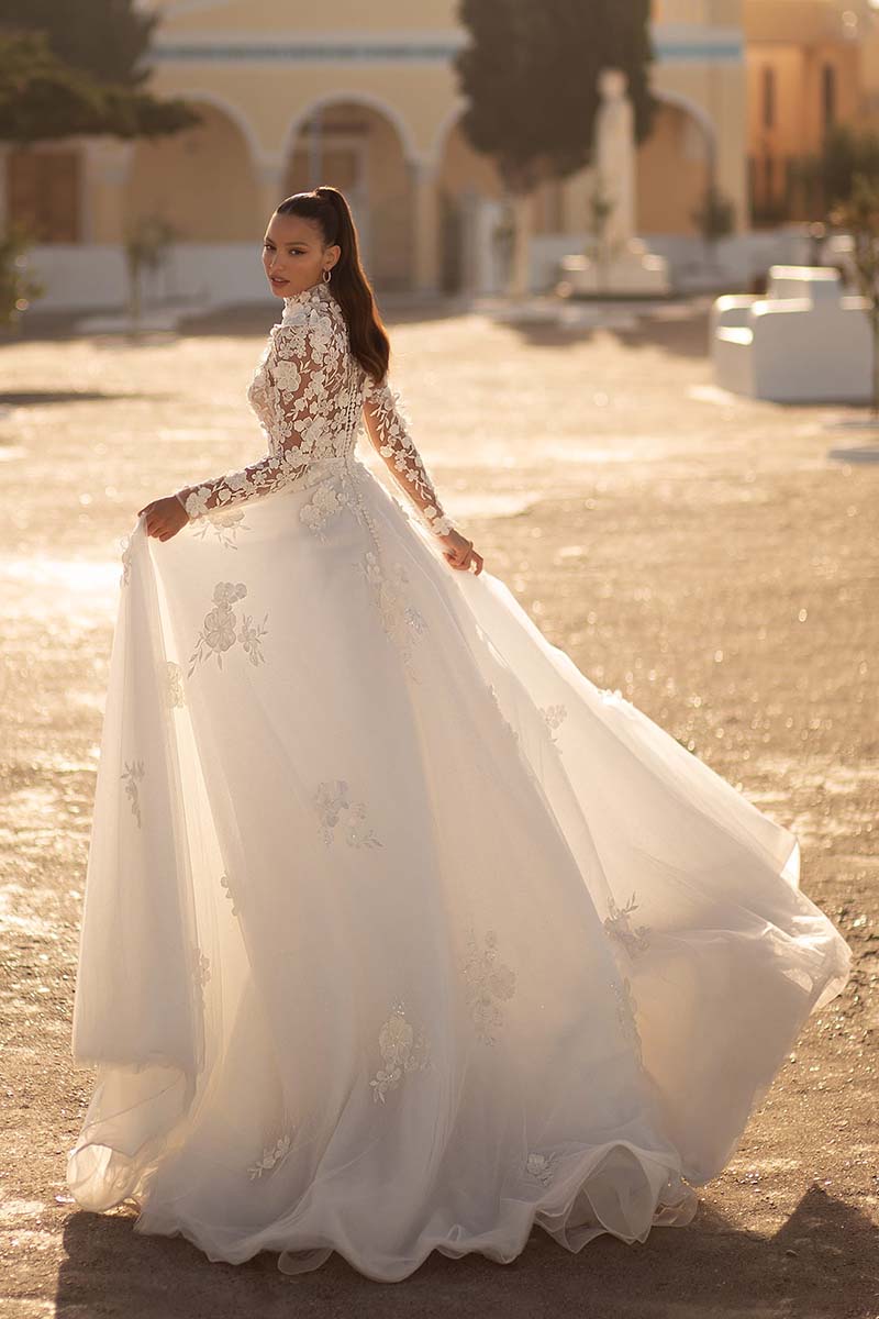 K1652 - High Neck Long Sleeves Sheer Lace Appliqued Tulle A-Line Long Wedding Dress