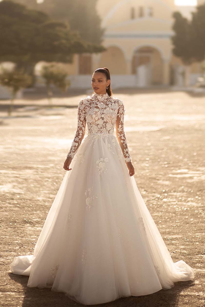 K1652 - High Neck Long Sleeves Sheer Lace Appliqued Tulle A-Line Long Wedding Dress