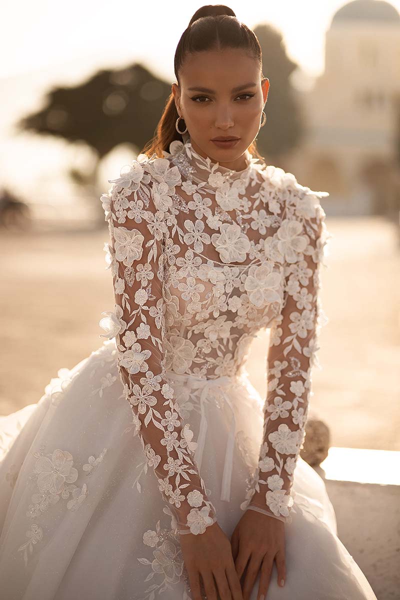 K1652 - High Neck Long Sleeves Sheer Lace Appliqued Tulle A-Line Long Wedding Dress