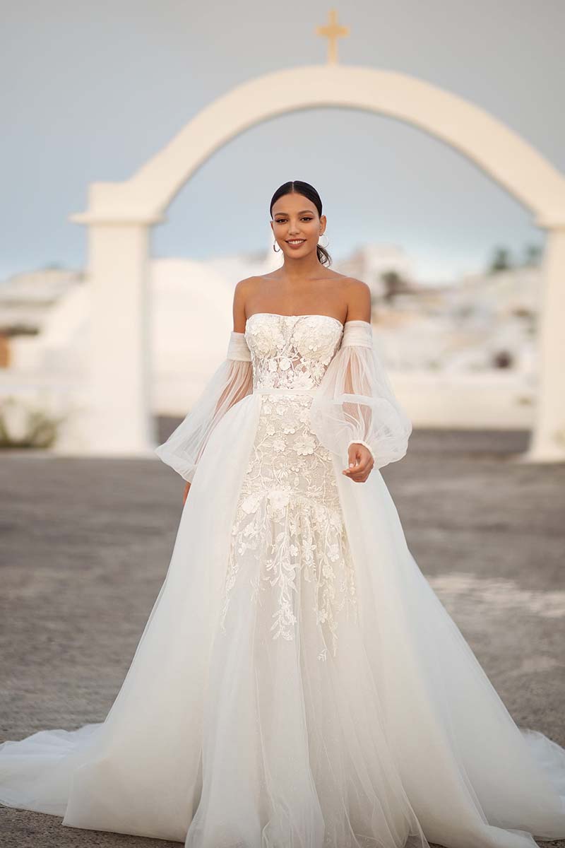 K1653 - Off-Shoulder Long Sleeves Lace Appliqued Sheer Tulle Mermaid Wedding Dress