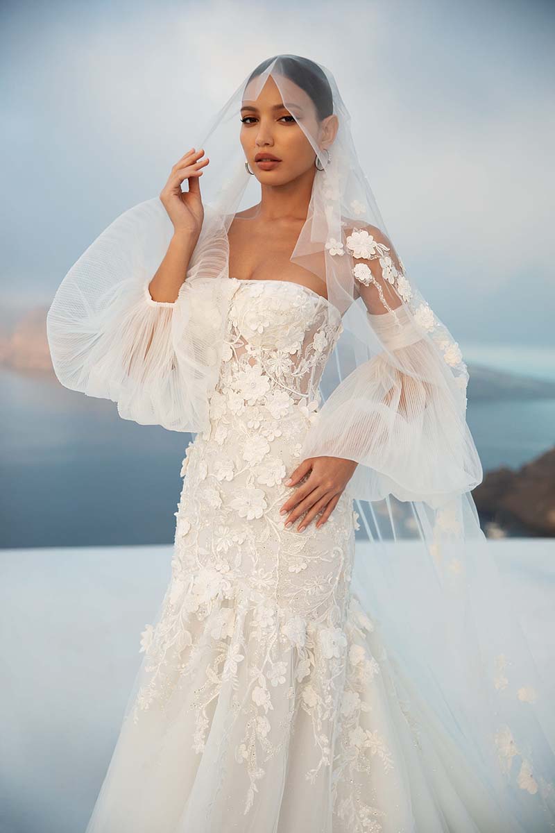 K1653 - Off-Shoulder Long Sleeves Lace Appliqued Sheer Tulle Mermaid Wedding Dress