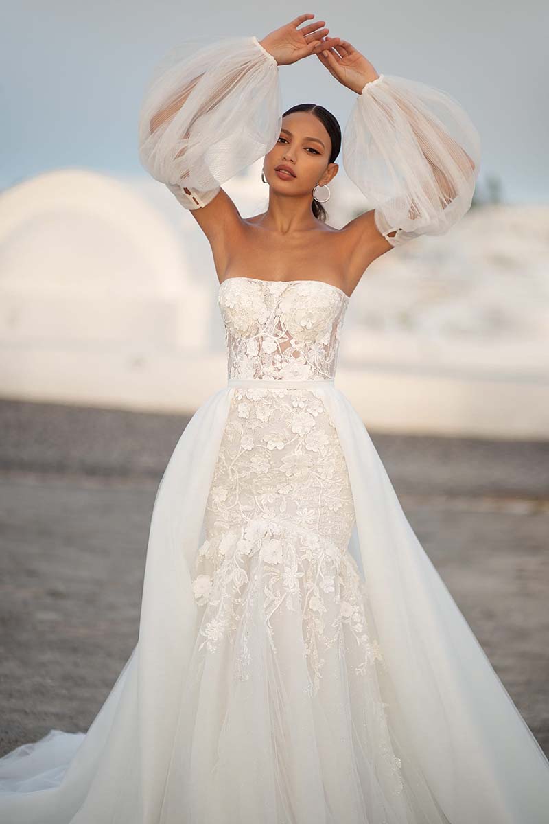 K1653 - Off-Shoulder Long Sleeves Lace Appliqued Sheer Tulle Mermaid Wedding Dress