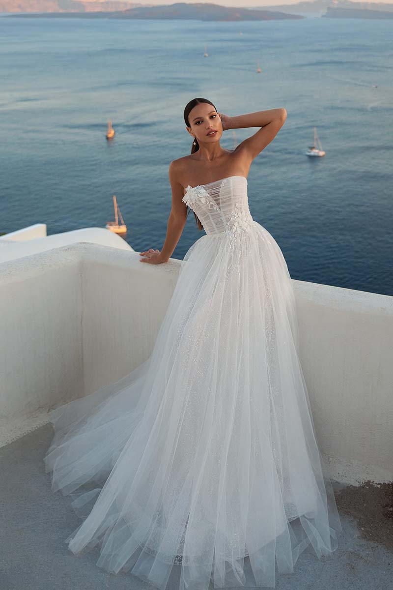 K1657 - Strapless Sleeveless Appliqued Ruched Tulle A-Line Long Wedding Dress