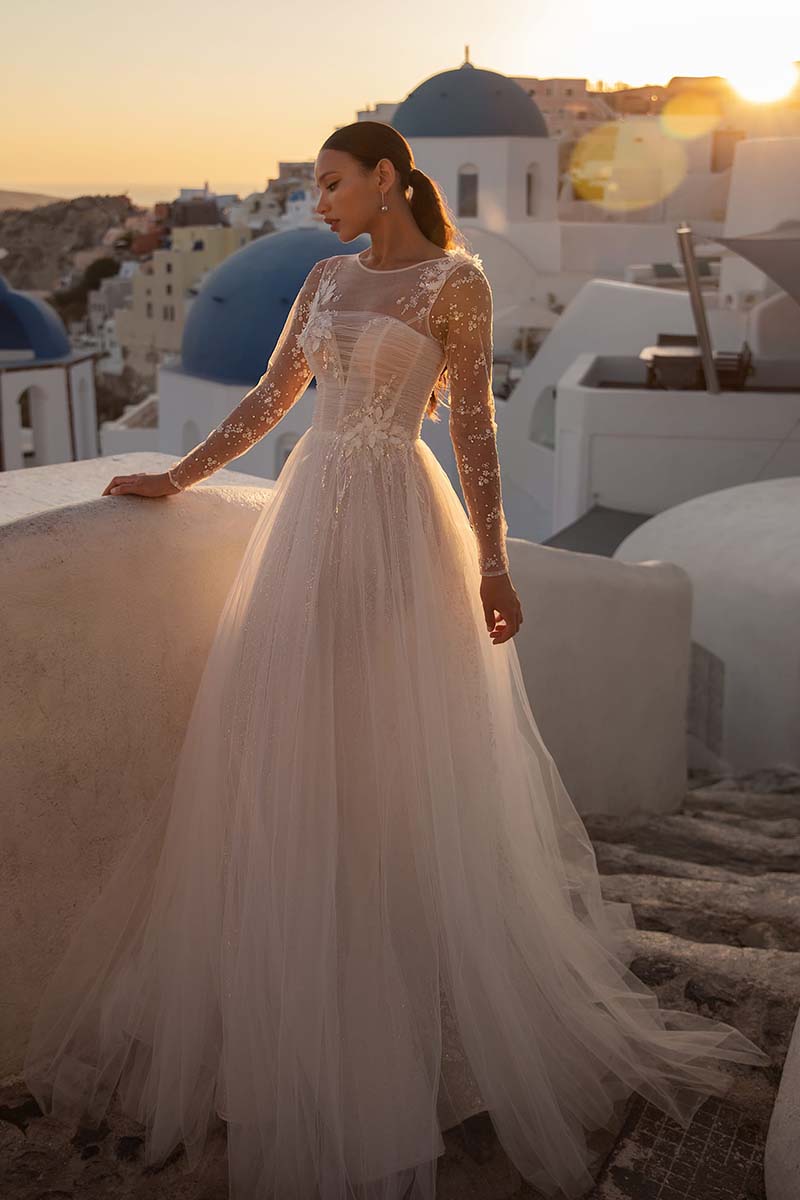 K1657 - Strapless Sleeveless Appliqued Ruched Tulle A-Line Long Wedding Dress