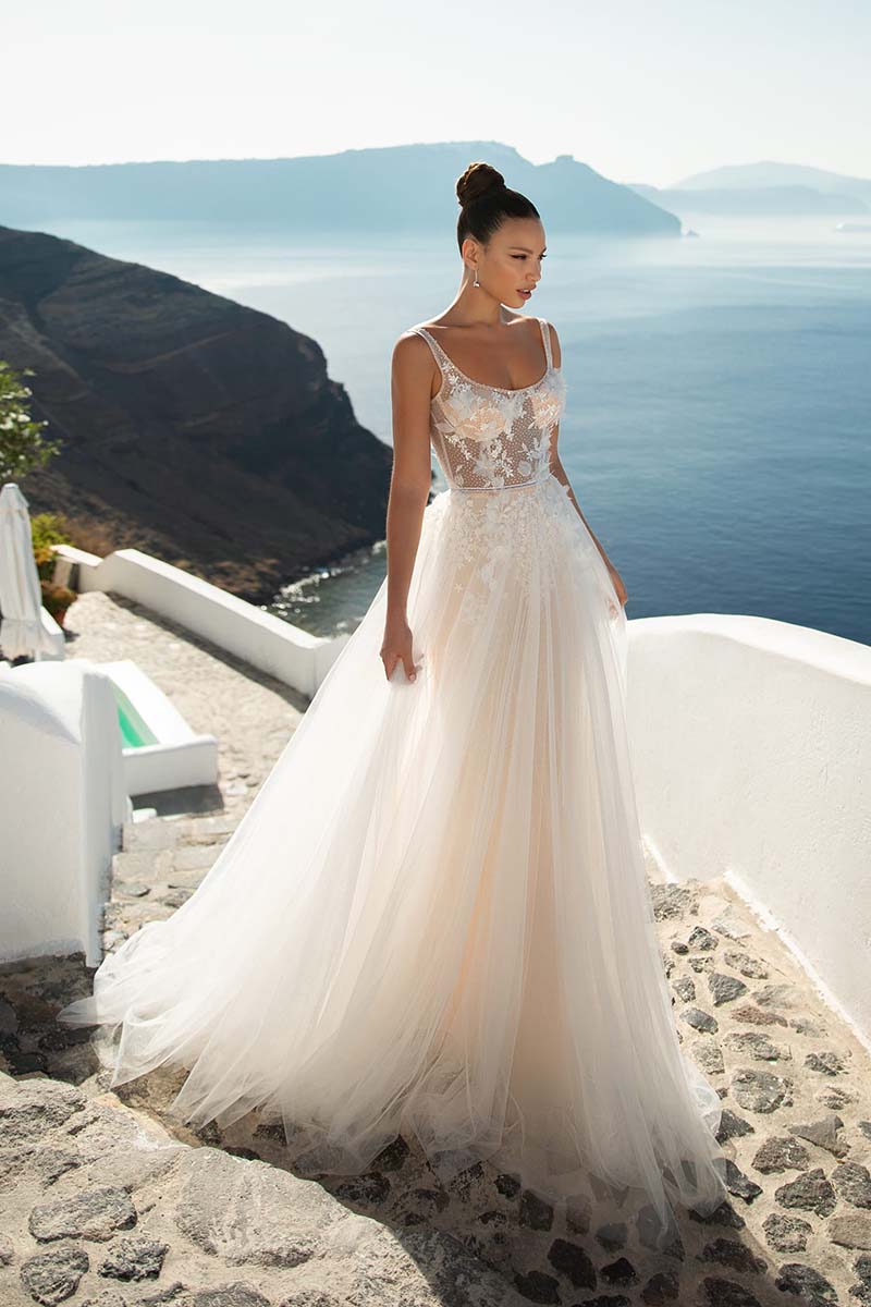 K1658 - Scoop Sleeveless Appliqued Sheer Tulle A-Line Long Wedding Dress