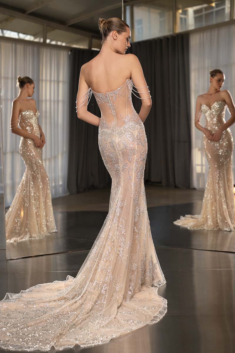 K1659 - Sweetheart Strapless Sequined Beaded Tulle Mermaid Long Wedding Dress