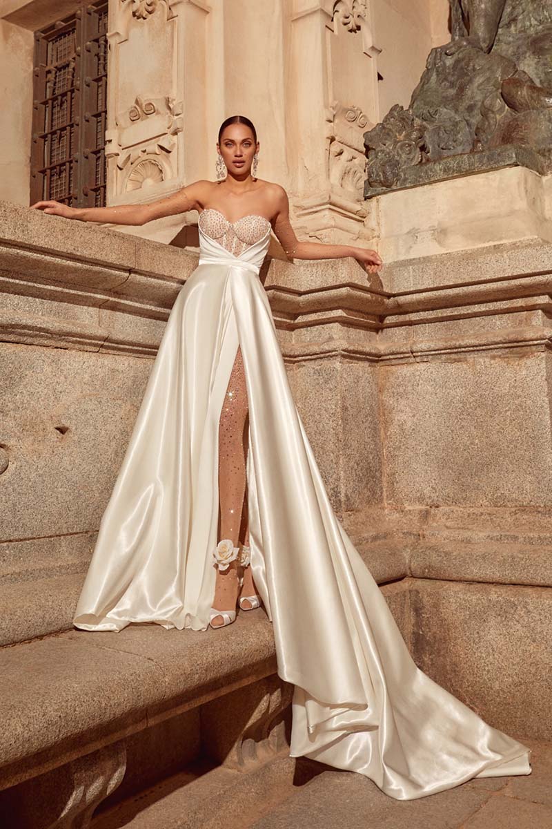 K1660 - Sweetheart Strapless Beaded Sheer Tulle Satin A-Line Long Wedding Dress