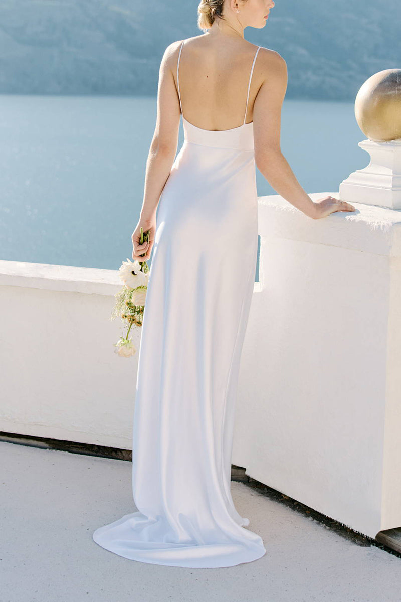 K1661 - V-Neck Spaghetti Straps Cut Outs Satin Sheath Long Wedding Dress