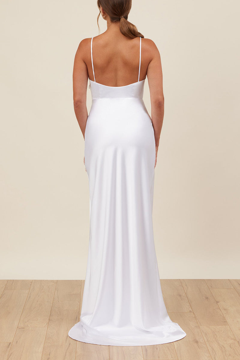 K1661 - V-Neck Spaghetti Straps Cut Outs Satin Sheath Long Wedding Dress