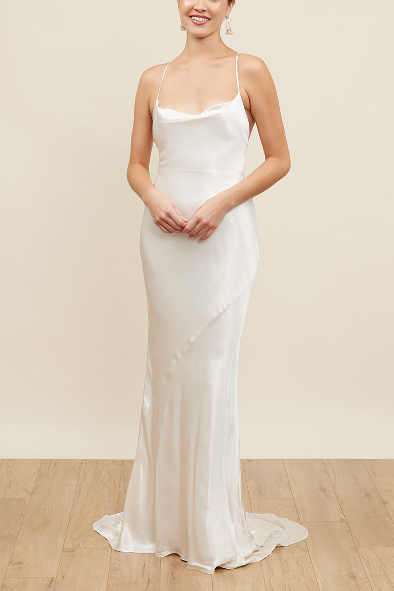 K1663 - Scoop Spaghetti Straps Sleeveless Ruched Satin Sheath Long Weding Dress