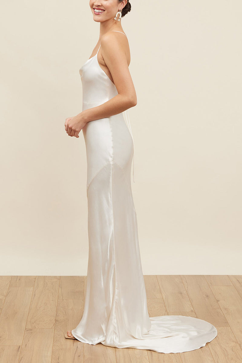 K1663 - Scoop Spaghetti Straps Sleeveless Ruched Satin Sheath Long Weding Dress