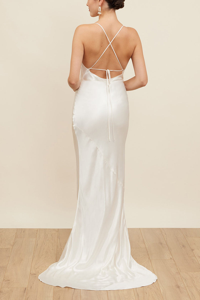 K1663 - Scoop Spaghetti Straps Sleeveless Ruched Satin Sheath Long Weding Dress