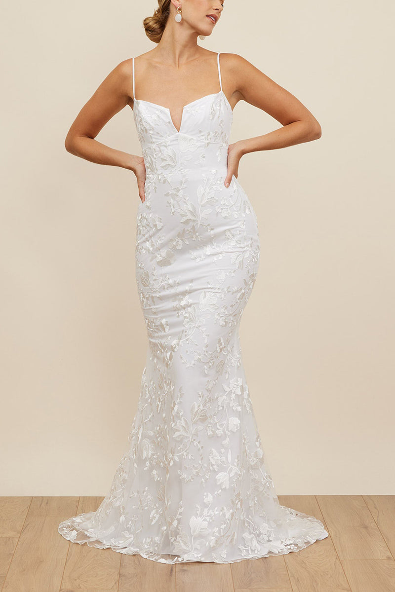 K1664 - V-Neck Spaghetti Straps Sleeveless Lace Tulle Mermaid Long Wedding Dress