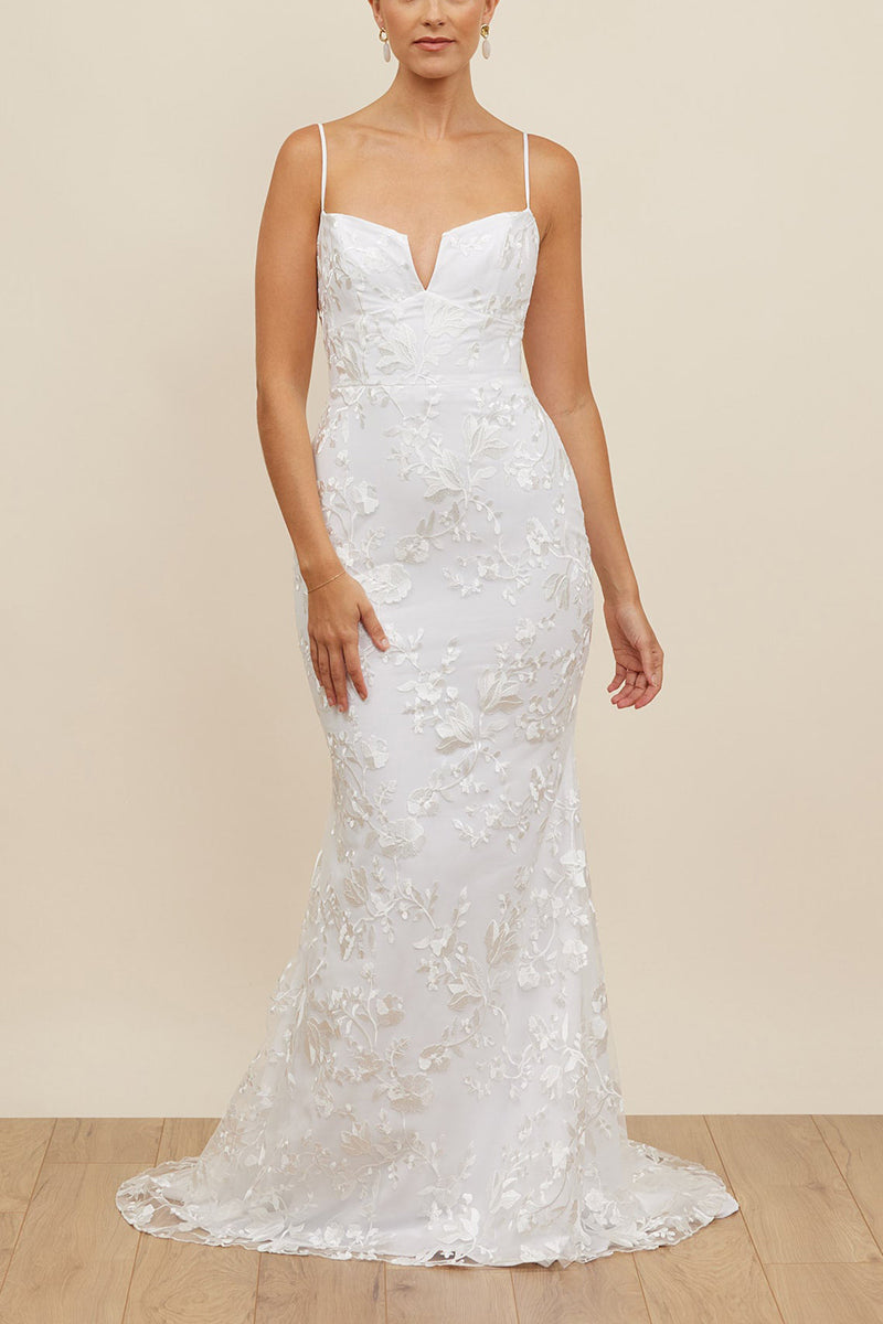 K1664 - V-Neck Spaghetti Straps Sleeveless Lace Tulle Mermaid Long Wedding Dress